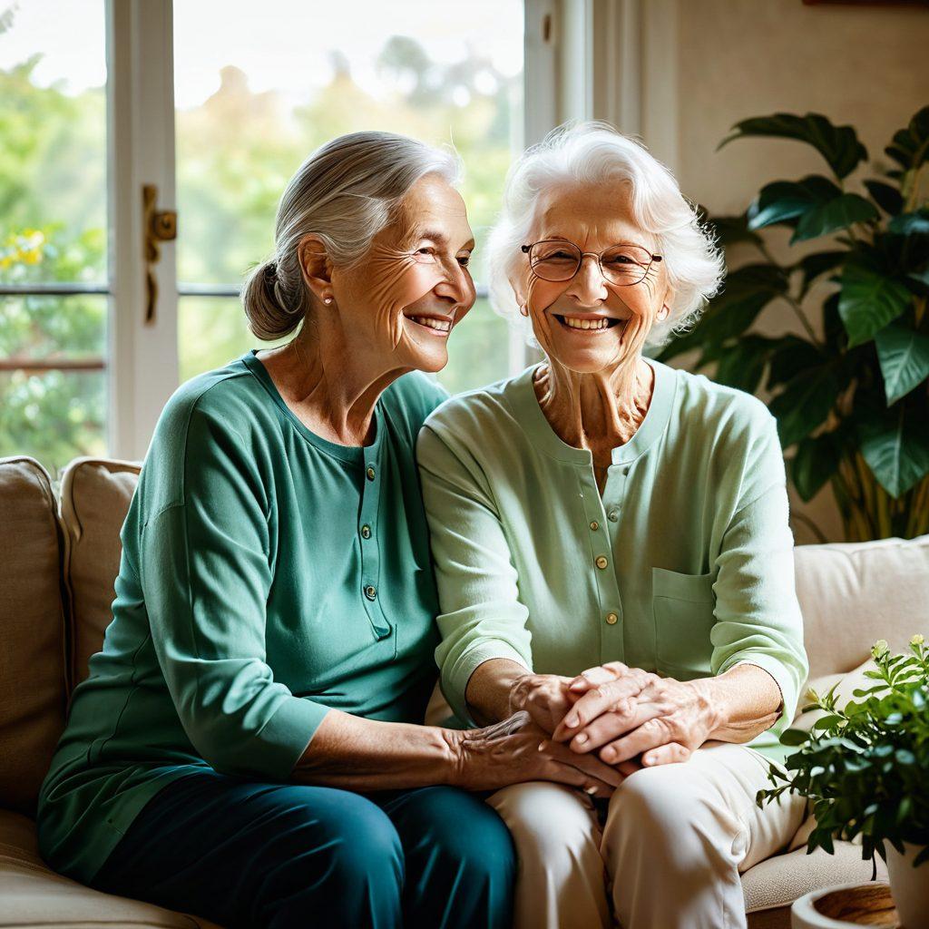 A heartwarming scene of a caregiver and a senior citizen sharing a joyful moment in a cozy living room, surrounded by family photos and plants. Soft sunlight streams through the window, illuminating their smiles. The caregiver is gently holding the senior's hands, showing compassion and connection. Add warm, inviting colors to evoke emotions of love and support. soft painting style. warm color palette.