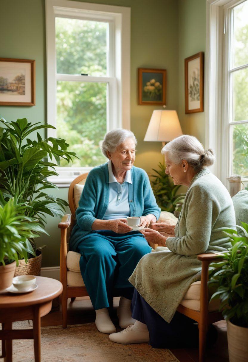 A warm, inviting scene of a caregiver gently assisting an elderly person in a cozy home environment. Incorporate soft, natural lighting that highlights their tender interaction, with personal touches like family photos and plants in the background. Emphasize comforting colors like soft blues and greens for a serene atmosphere. Include elements of empathy, such as a warm cup of tea and open dialogue. super-realistic. vibrant colors. cozy setting.
